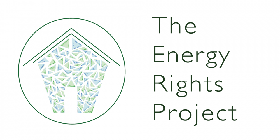 A blue and green sketch of a house in a green circle on a white background. The Energy Rights Project is in green text to the right of the logo.