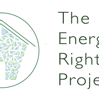 A blue and green sketch of a house in a green circle on a white background. The Energy Rights Project is in green text to the right of the logo.